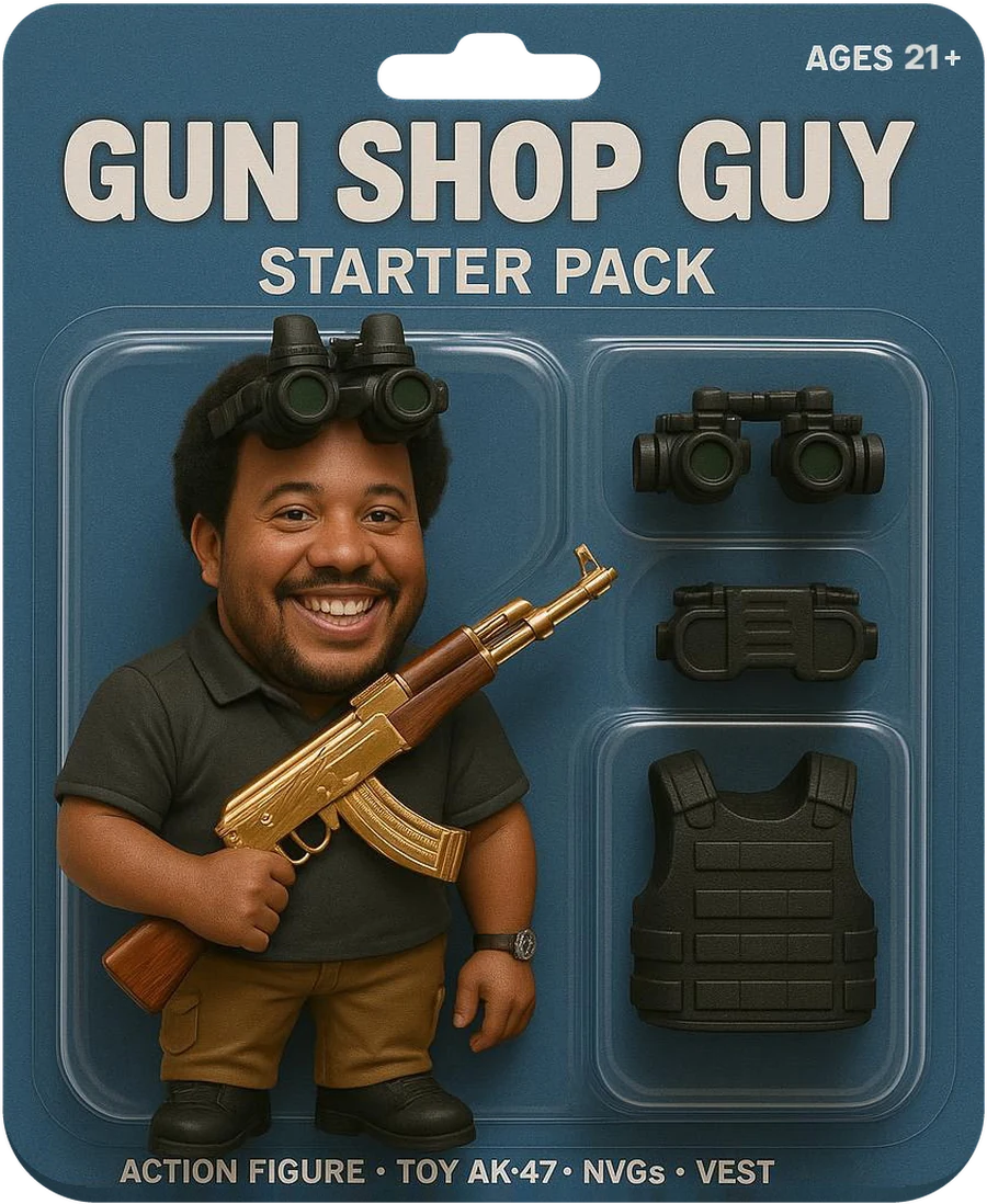 Elsworth Andrews as a toy action figure in a &ldquo;Gun Shop Guy Starter Pack,&rdquo; holding a gold toy rifle, with night-vision goggles and a vest as accessories