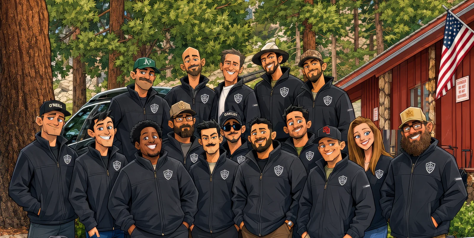 Illustrated group portrait of the Burbank Ammo and Guns team outside the store